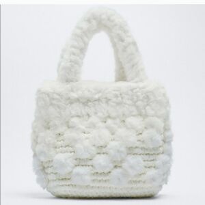 Zara Crossbody Bag White Gray Woven Tote Fabric Faux  Fur Pompom Handles